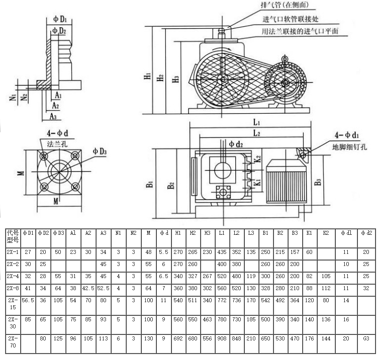 2X型旋片式真空泵安裝尺寸圖 2X型旋片式真空泵安裝尺寸圖